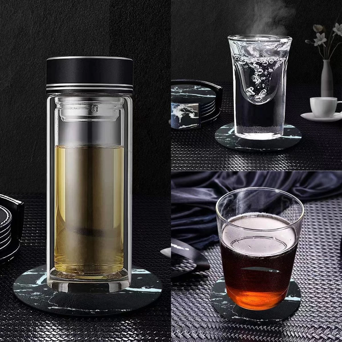 Luxe Leren Marmeren Onderzetters Met Houder - 10 Stuks - Onderleggers Voor Glazen - Glasonderzetters Voor Op Tafel - Coasters - Zwart / Wit - Rond 6 Luxe Leren Marmeren Onderzetters Met Houder - 10 Stuks - Onderleggers Voor Glazen - Glasonderzetters Voor Op Tafel - Coasters - Zwart / Wit - Rond - Afbeelding 6