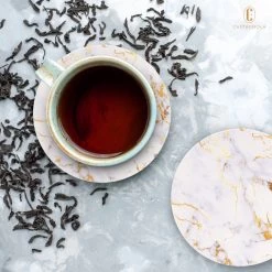 Castagnola Keramische Onderzetters Met Houder – Onderzetters Voor Glazen – Onderzetters Design – Onderzettersset – Drink Onderzetters – Keramisch – Kurk – Set Van 6 – Wit/Goud -Brita Verkoop 1200x1200 656