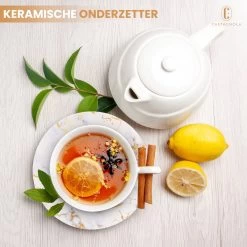 Castagnola Keramische Onderzetters Met Houder – Onderzetters Voor Glazen – Onderzetters Design – Onderzettersset – Drink Onderzetters – Keramisch – Kurk – Set Van 6 – Wit/Goud -Brita Verkoop 1200x1200 657