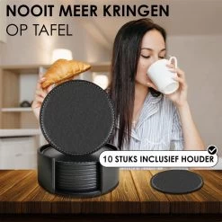Luxe Leren Onderzetters Met Houder - 10 Stuks - Onderleggers Voor Glazen - Glasonderzetters Voor Op Tafel - Coasters - Zwart - Rond -Brita Verkoop 1200x1200 659