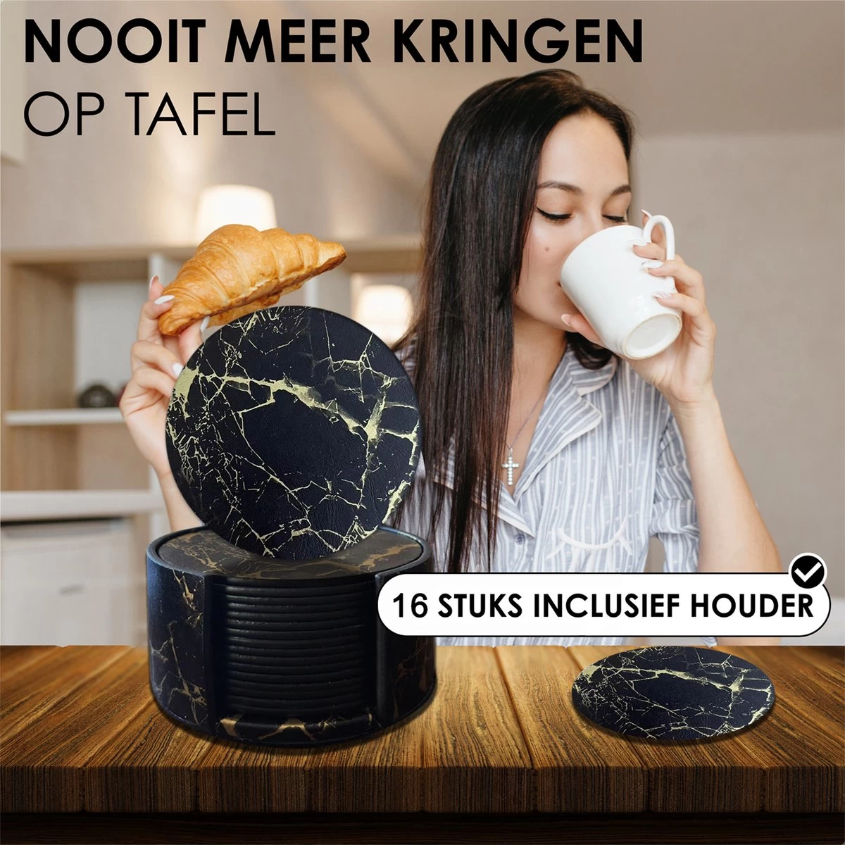 Luxe Leren Marmeren Onderzetters Met Houder - 16 Stuks - Onderleggers Voor Glazen - Glasonderzetters Voor Op Tafel - Coasters - Zwart / Goud - Rond 4 Luxe Leren Marmeren Onderzetters Met Houder - 16 Stuks - Onderleggers Voor Glazen - Glasonderzetters Voor Op Tafel - Coasters - Zwart / Goud - Rond - Afbeelding 4