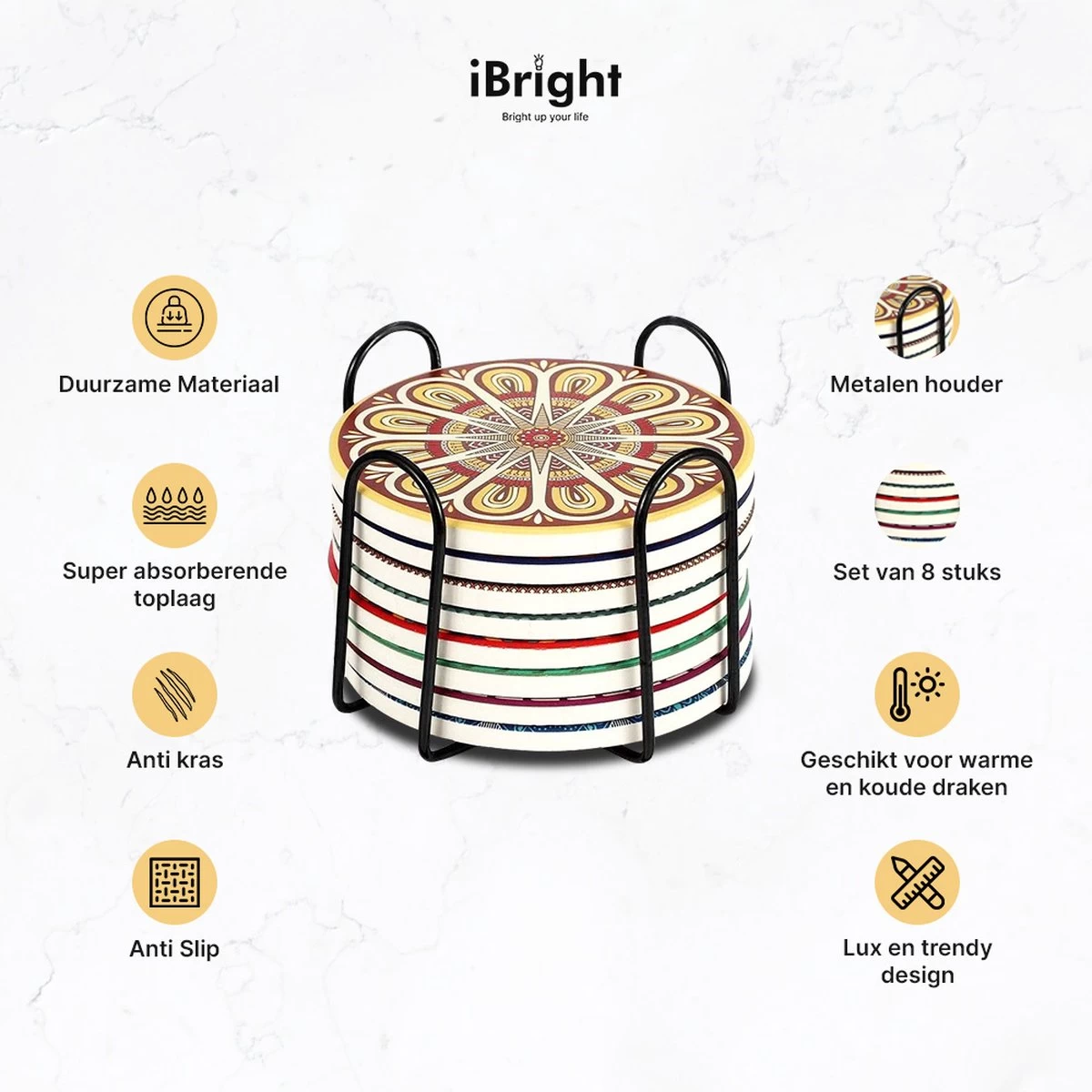 IBright Onderzetters Voor Glazen - Set Van 8 Met Houder - Rond - Bohemian - Oosterse - Mandala Design - Coasters 4 IBright Onderzetters Voor Glazen - Set Van 8 Met Houder - Rond - Bohemian - Oosterse - Mandala Design - Coasters - Afbeelding 4