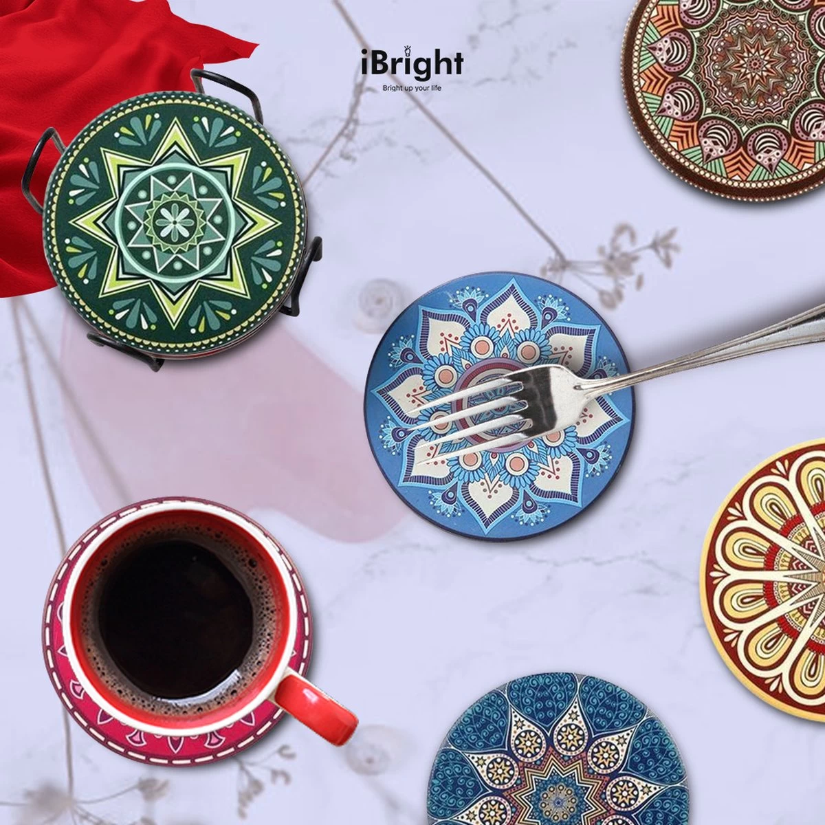 IBright Onderzetters Voor Glazen - Set Van 8 Met Houder - Rond - Bohemian - Oosterse - Mandala Design - Coasters 6 IBright Onderzetters Voor Glazen - Set Van 8 Met Houder - Rond - Bohemian - Oosterse - Mandala Design - Coasters - Afbeelding 6