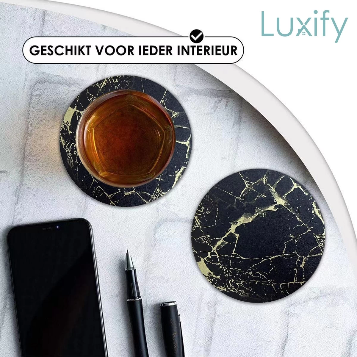 Luxe Leren Marmeren Onderzetters Met Houder - 15 Stuks - Onderleggers Voor Glazen - Glasonderzetters Voor Op Tafel - Coasters - Zwart / Goud - Rond 2 Luxe Leren Marmeren Onderzetters Met Houder - 15 Stuks - Onderleggers Voor Glazen - Glasonderzetters Voor Op Tafel - Coasters - Zwart / Goud - Rond - Afbeelding 2