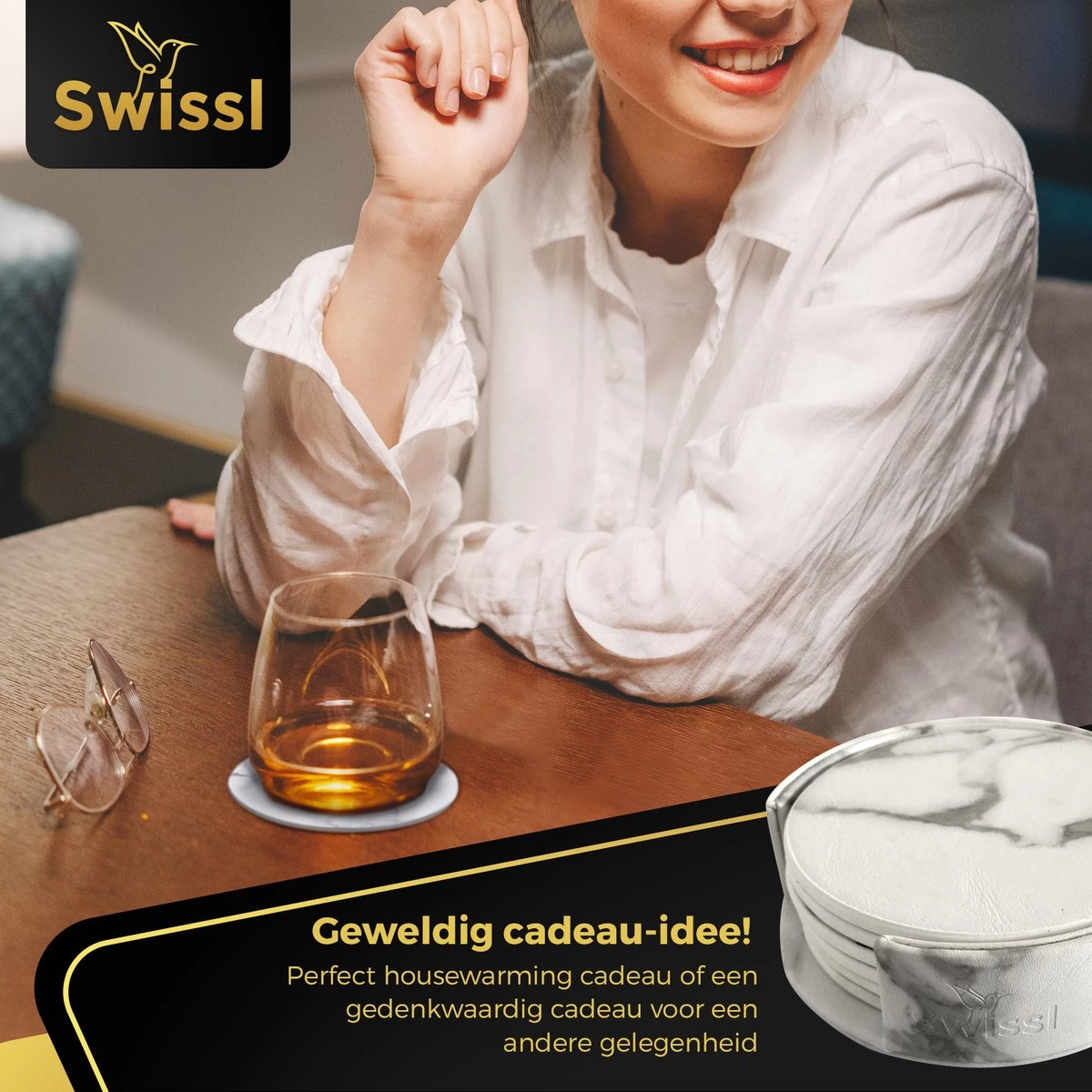 Onderzetters Voor Glazen Met Houder Swissl - Wit - Kunstleer - Marmeren Uitstraling 6 Stuks - Onderleggers 5 Onderzetters Voor Glazen Met Houder Swissl - Wit - Kunstleer - Marmeren Uitstraling 6 Stuks - Onderleggers - Afbeelding 5