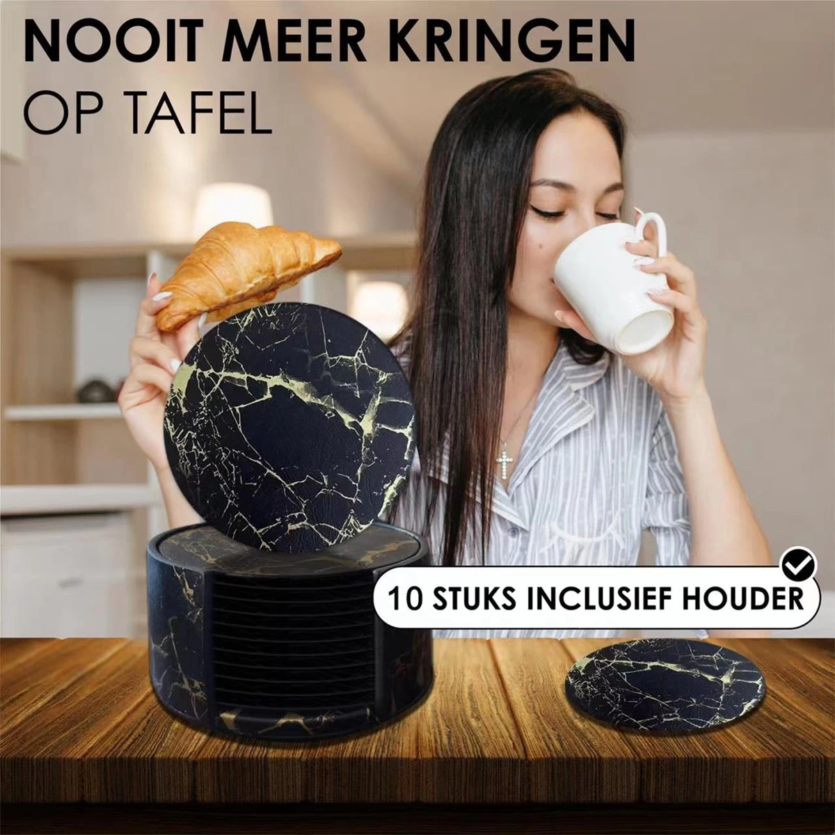Luxe Leren Marmeren Onderzetters Met Houder - 10 Stuks - Onderleggers Voor Glazen - Glasonderzetters Voor Op Tafel - Coasters - Zwart / Goud - Rond 2 Luxe Leren Marmeren Onderzetters Met Houder - 10 Stuks - Onderleggers Voor Glazen - Glasonderzetters Voor Op Tafel - Coasters - Zwart / Goud - Rond - Afbeelding 2