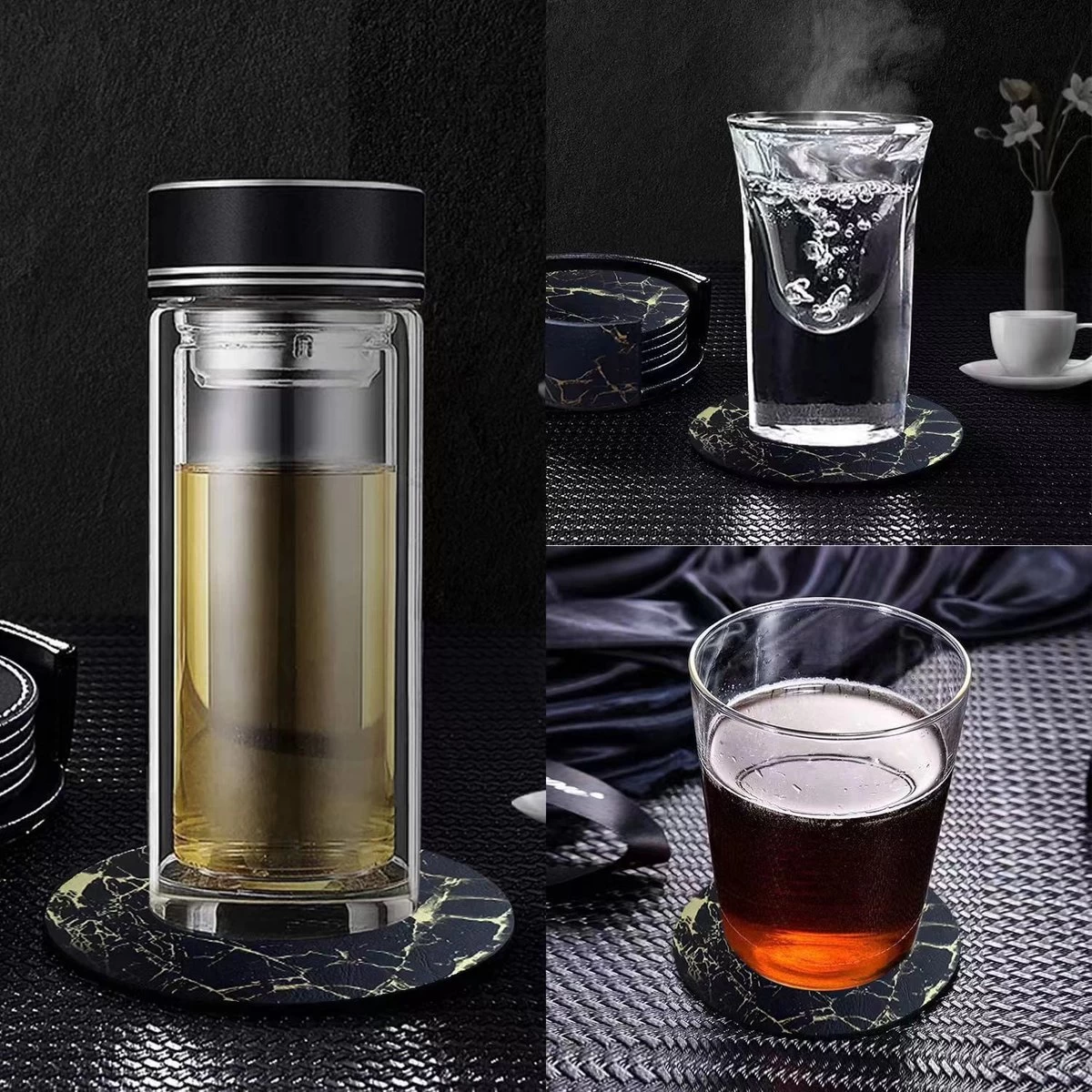 Luxe Leren Marmeren Onderzetters Met Houder - 10 Stuks - Onderleggers Voor Glazen - Glasonderzetters Voor Op Tafel - Coasters - Zwart / Goud - Rond 7 Luxe Leren Marmeren Onderzetters Met Houder - 10 Stuks - Onderleggers Voor Glazen - Glasonderzetters Voor Op Tafel - Coasters - Zwart / Goud - Rond - Afbeelding 7