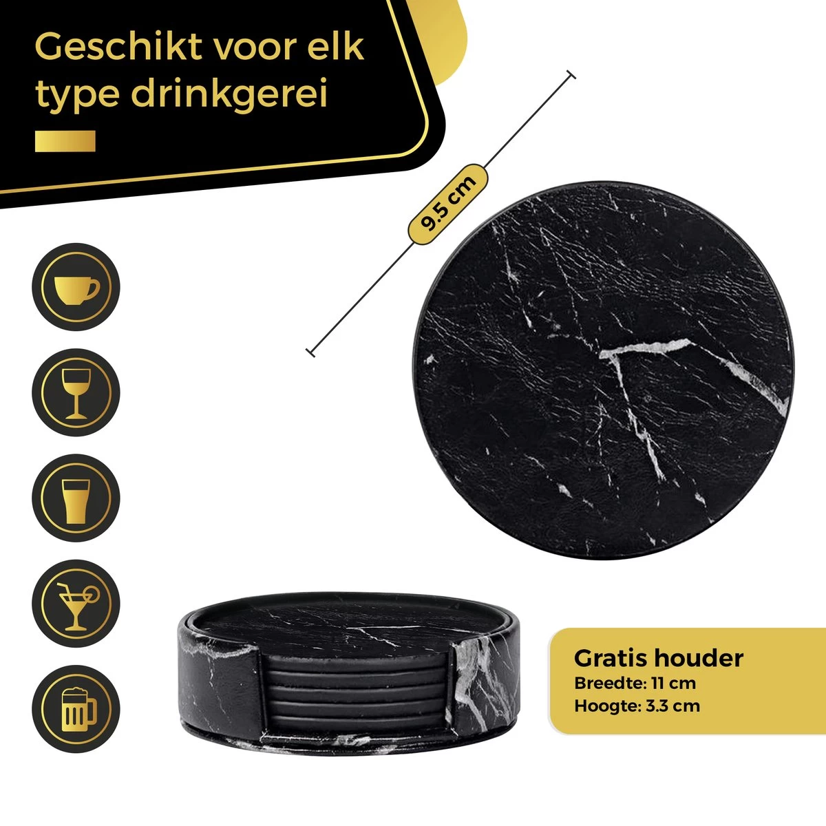 Swissl Leren Onderzetters - Marmer Onderzetters Voor Glazen - Kunstleren Onderleggers Met Houder - Glasonderzetters - Coasters – Zwart - Rond 5 Swissl Leren Onderzetters - Marmer Onderzetters Voor Glazen - Kunstleren Onderleggers Met Houder - Glasonderzetters - Coasters – Zwart - Rond - Afbeelding 5