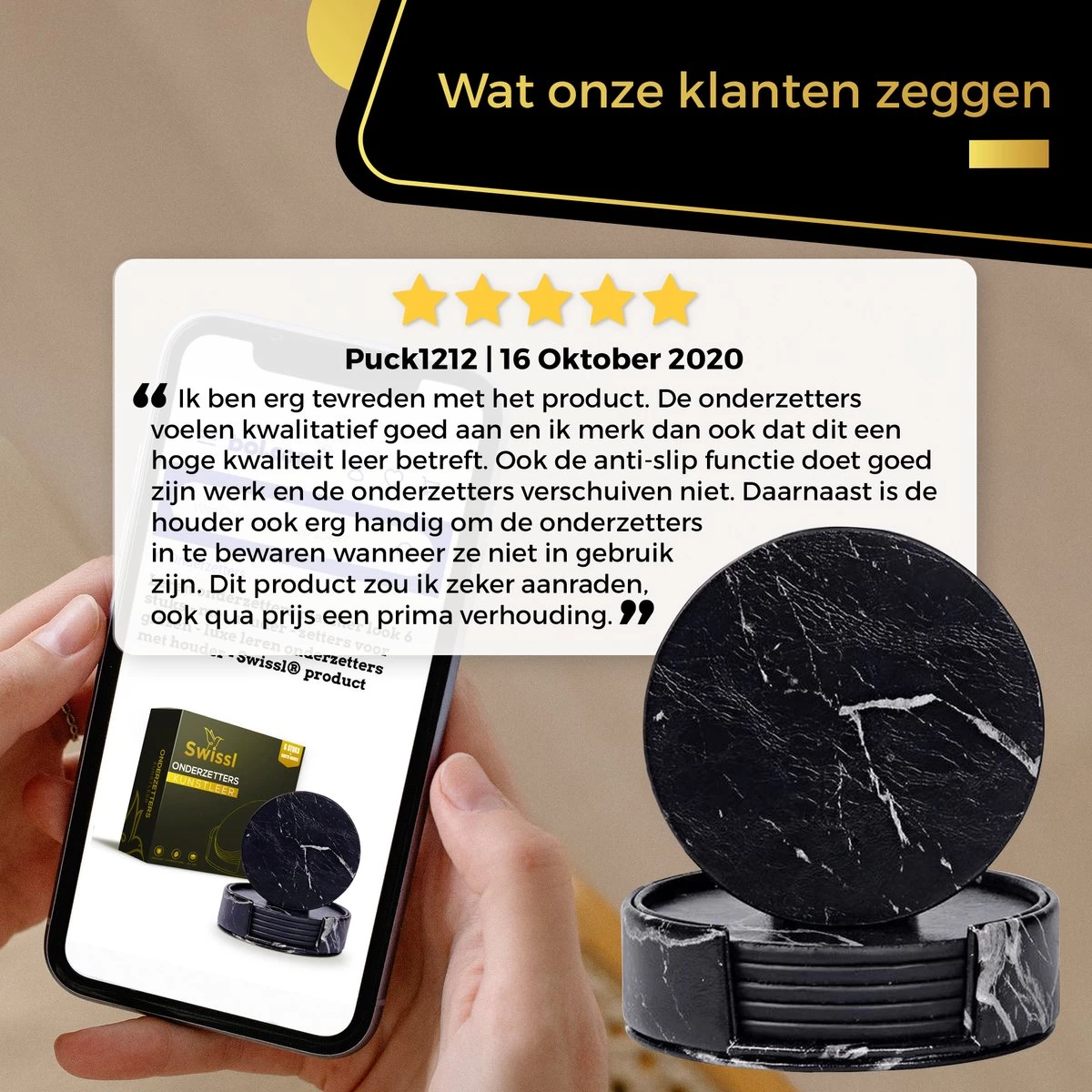 Swissl Leren Onderzetters - Marmer Onderzetters Voor Glazen - Kunstleren Onderleggers Met Houder - Glasonderzetters - Coasters – Zwart - Rond 6 Swissl Leren Onderzetters - Marmer Onderzetters Voor Glazen - Kunstleren Onderleggers Met Houder - Glasonderzetters - Coasters – Zwart - Rond - Afbeelding 6