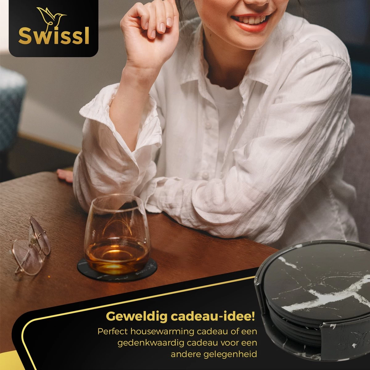 Swissl Leren Onderzetters - Marmer Onderzetters Voor Glazen - Kunstleren Onderleggers Met Houder - Glasonderzetters - Coasters – Zwart - Rond 8 Swissl Leren Onderzetters - Marmer Onderzetters Voor Glazen - Kunstleren Onderleggers Met Houder - Glasonderzetters - Coasters – Zwart - Rond - Afbeelding 8