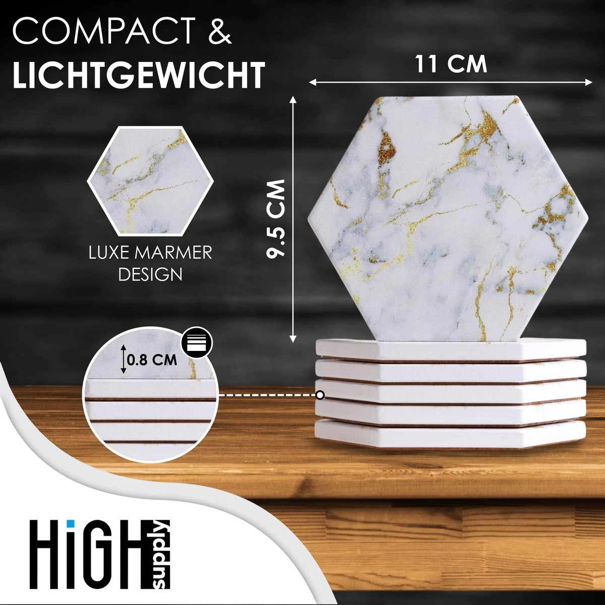 HighSupply Design Onderzetters Van Marmer En Keramiek Voor Glazen – Wit – 6 Onderleggers – Glasonderzetters Met Houder – Kurk 2 HighSupply Design Onderzetters Van Marmer En Keramiek Voor Glazen – Wit – 6 Onderleggers – Glasonderzetters Met Houder – Kurk - Afbeelding 2