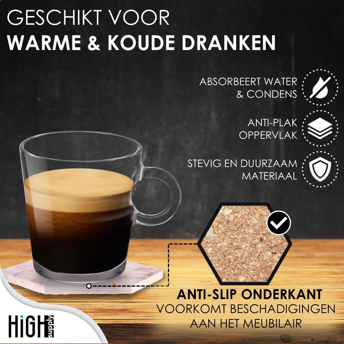 HighSupply Design Onderzetters Van Marmer En Keramiek Voor Glazen – Wit – 6 Onderleggers – Glasonderzetters Met Houder – Kurk 3 HighSupply Design Onderzetters Van Marmer En Keramiek Voor Glazen – Wit – 6 Onderleggers – Glasonderzetters Met Houder – Kurk - Afbeelding 3