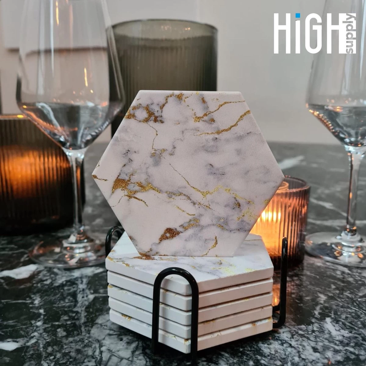 HighSupply Design Onderzetters Van Marmer En Keramiek Voor Glazen – Wit – 6 Onderleggers – Glasonderzetters Met Houder – Kurk 8 HighSupply Design Onderzetters Van Marmer En Keramiek Voor Glazen – Wit – 6 Onderleggers – Glasonderzetters Met Houder – Kurk - Afbeelding 8