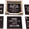 Onderzetters Voor Glazen - Set Nr 6 Onderleggers - Hout - Leuke Onderzetters Met Tekst , Zwarte , 6 Stuks Met Een Houder