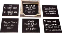 Onderzetters Voor Glazen - Set Nr 6 Onderleggers - Hout - Leuke Onderzetters Met Tekst , Zwarte , 6 Stuks Met Een Houder