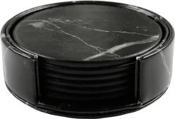 Merkloos Leren Onderzetters Marmeren Uitstraling 6 Stuks – Met Houder – 6x Onderzetters Voor Glazen - Luxe Leren Onderzetters Met Houder - Onderleggers Voor Glazen - Glasonderzetters Voor Op Tafel - Coasters - Zwart - Rond - Marmeren Uitstraling - Swissl