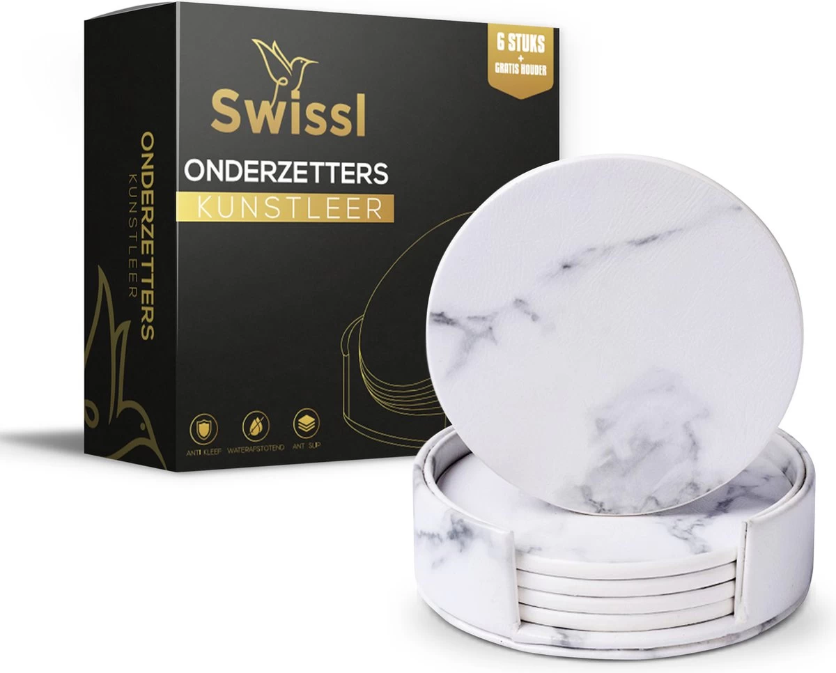 Onderzetters Voor Glazen Met Houder Swissl - Wit - Kunstleer - Marmeren Uitstraling 6 Stuks - Onderleggers 9 Onderzetters Voor Glazen Met Houder Swissl - Wit - Kunstleer - Marmeren Uitstraling 6 Stuks - Onderleggers - Afbeelding 9