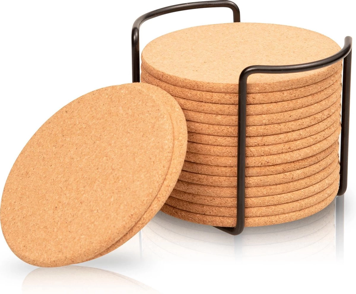 Kurken Onderzetters Voor Glazen Met Houder – Set Van 16 Kurken/Houten Onderzetters – Premium Kwaliteit – Anti-slip – Absorberend – Hittebestendig - Rond – Duurzaam/Milieuvriendelijk 1 Kurken Onderzetters Voor Glazen Met Houder – Set Van 16 Kurken/Houten Onderzetters – Premium Kwaliteit – Anti-slip – Absorberend – Hittebestendig - Rond – Duurzaam/Milieuvriendelijk