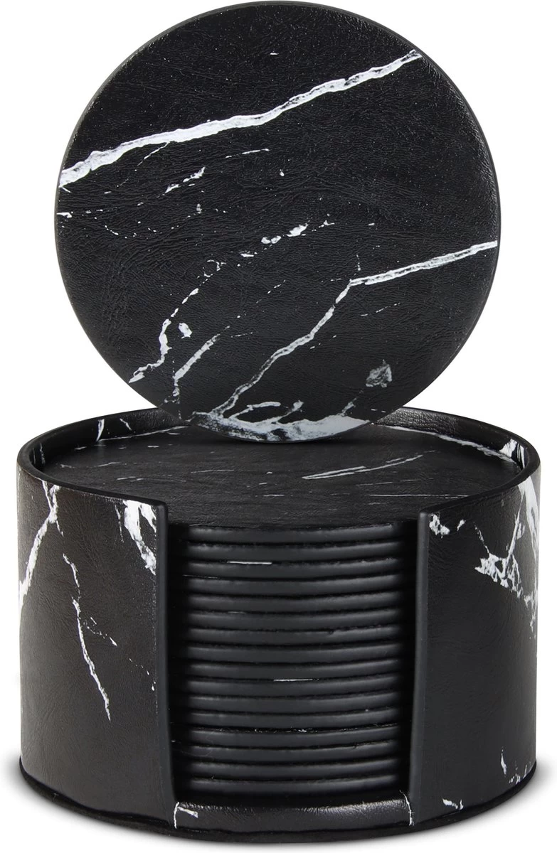 Castagnola Lederen Onderzetters Met Houder – Onderzetters Voor Glazen – Onderzetters Design – Onderzettersset – Drink Onderzetters – Leder – Leren Onderzetters – Set Van 16 – Zwart/Wit 2 Castagnola Lederen Onderzetters Met Houder – Onderzetters Voor Glazen – Onderzetters Design – Onderzettersset – Drink Onderzetters – Leder – Leren Onderzetters – Set Van 16 – Zwart/Wit - Afbeelding 2