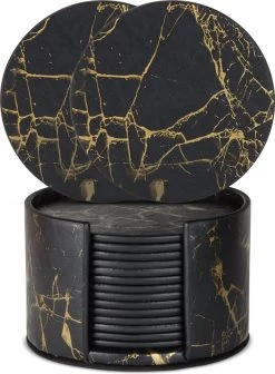 Castagnola Kunstlederen Onderzetters Met Houder – Onderzetters Voor Glazen – Onderzetters Design – Onderzettersset – Drink Onderzetters – Kunstleer – Leren Onderzetters – Set Van 16 – Zwart/Goud