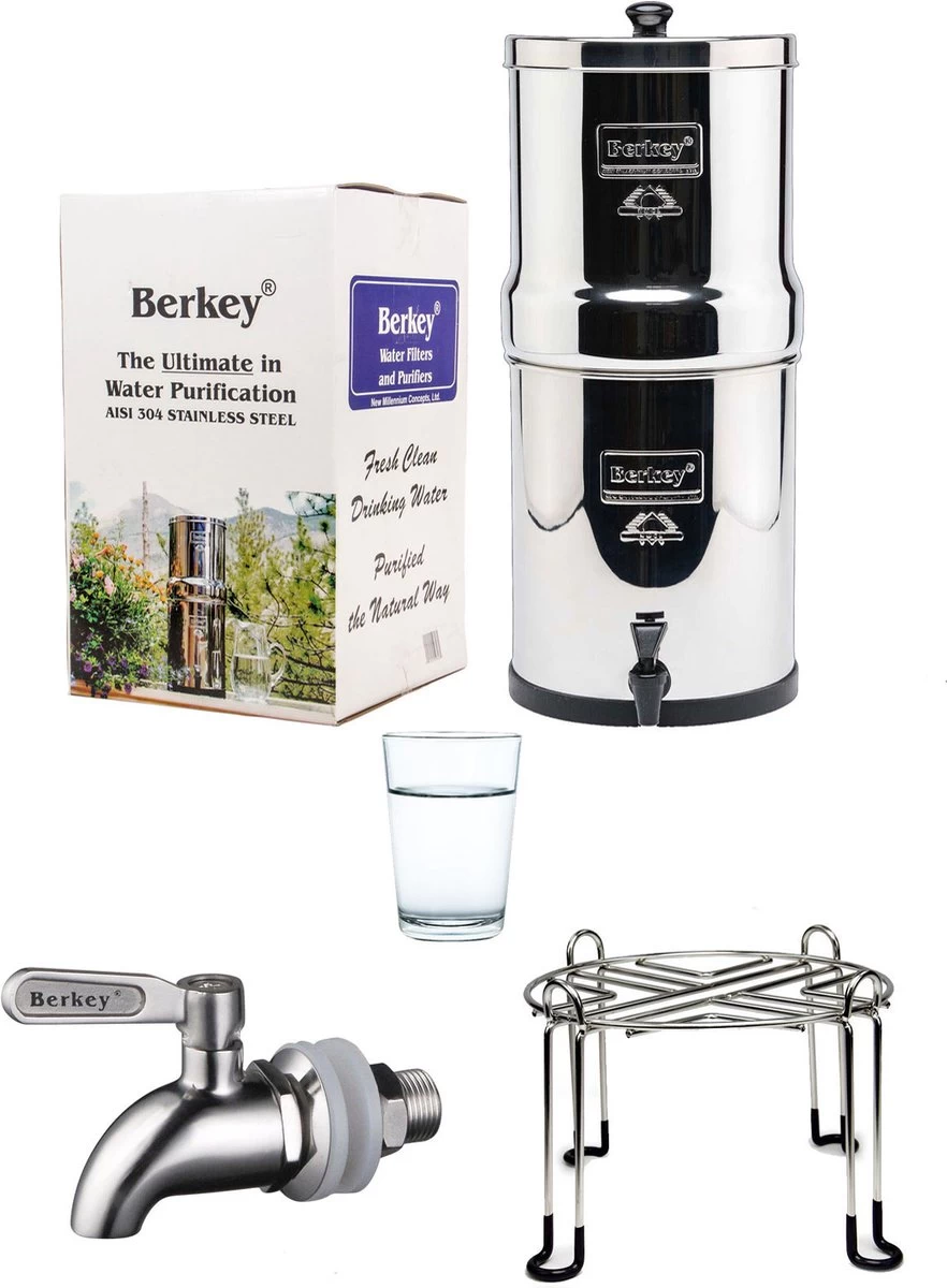 Big Berkey Set: Waterfilter 8,5L + RVS Kraantje + Standaard 1 Big Berkey Set: Waterfilter 8,5L + RVS Kraantje + Standaard