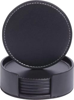 Merkloos Luxe Leren Onderzetters Voor Glazen Met Houder - 6 Stuks - Waterafstotend En Hittebestendig - Glasonderzetters Voor Op Tafel - Coasters - Rond