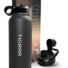 Tigrar - Drinkfles - Waterfles - Thermosfles 1 Liter - RVS - (Grafiet) Zwart - Incl. Extra Dop 3 Rietjes En Reiniger