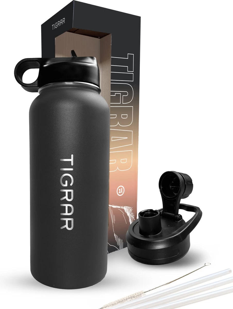 Tigrar - Drinkfles - Waterfles - Thermosfles 1 Liter - RVS - (Grafiet) Zwart - Incl. Extra Dop 3 Rietjes En Reiniger 1 Tigrar - Drinkfles - Waterfles - Thermosfles 1 Liter - RVS - (Grafiet) Zwart - Incl. Extra Dop 3 Rietjes En Reiniger