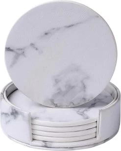 Onderzetters Voor Glazen Met Houder Swissl - Wit - Kunstleer - Marmeren Uitstraling 6 Stuks - Onderleggers