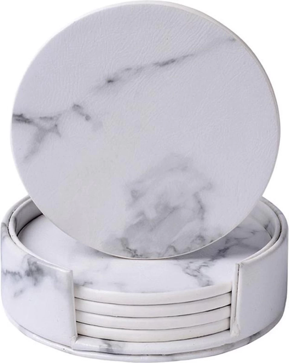 Onderzetters Voor Glazen Met Houder Swissl - Wit - Kunstleer - Marmeren Uitstraling 6 Stuks - Onderleggers 1 Onderzetters Voor Glazen Met Houder Swissl - Wit - Kunstleer - Marmeren Uitstraling 6 Stuks - Onderleggers