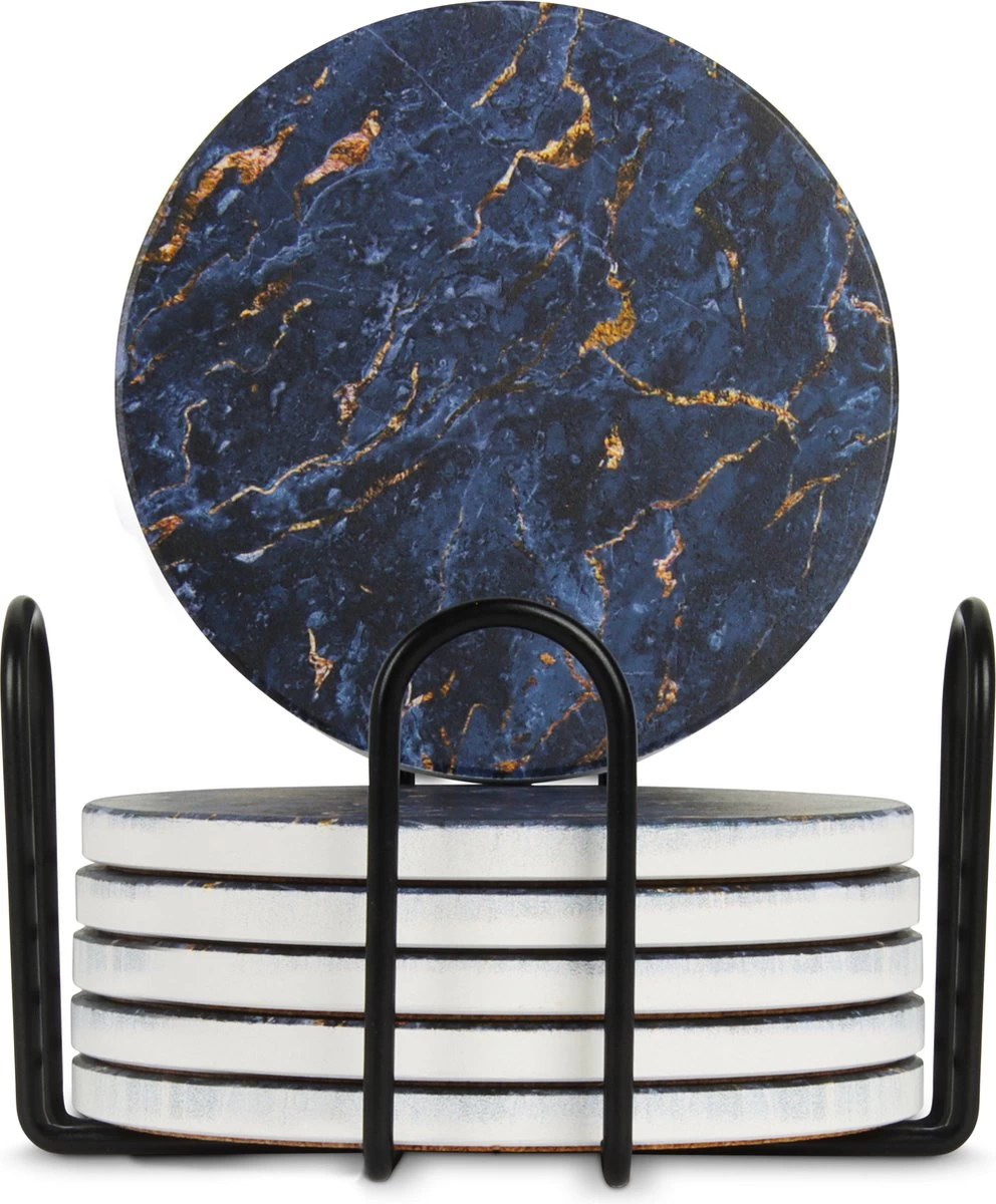 Castagnola Keramische Onderzetters Met Houder – Onderzetters Voor Glazen – Onderzetters Design – Onderzettersset – Drink Onderzetters – Keramisch – Kurk – Set Van 6 – Blauw/Goud 3 Castagnola Keramische Onderzetters Met Houder – Onderzetters Voor Glazen – Onderzetters Design – Onderzettersset – Drink Onderzetters – Keramisch – Kurk – Set Van 6 – Blauw/Goud - Afbeelding 3