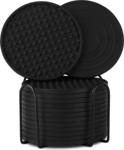 Castagnola Siliconen Onderzetters Met Houder – Onderzetters Voor Glazen – Onderzetters Design – Onderzettersset – Drink Onderzetters – Hoogwaardige Siliconen – Set Van 14 – Zwart