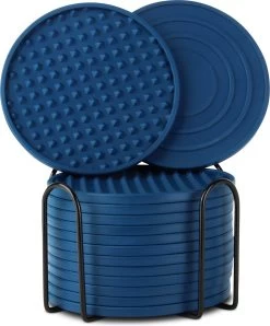 Castagnola Siliconen Onderzetters Met Houder – Onderzetters Voor Glazen – Onderzetters Design – Onderzettersset – Drink Onderzetters – Hoogwaardige Siliconen – Set Van 14 – Blauw